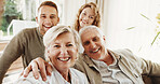 Senior, people and selfie in family home, happy adult son and daughter with memory for social media. Post, update or portrait with parents, man and woman with smile in photo at house for bonding