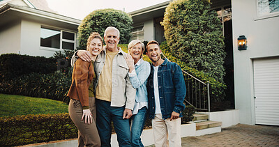 Buy stock photo Happiness, portrait and family outdoor of new house, excited for property and parents with adult siblings. Smile, real estate and support with senior people, son and daughter in driveway with hug