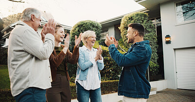 Buy stock photo Happiness, applause and family outdoor by house for celebration, excited and parents with adult siblings. Cheers, clapping and success with good news in driveway, senior people with son and daughter