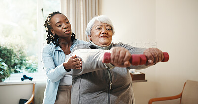 Buy stock photo Physio, advice and old woman in clinic with dumbbells, exercise or support for injury rehabilitation. Senior person, healthcare worker and guide with weights for fitness, wellness or physical therapy