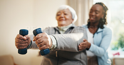 Buy stock photo Physiotherapist, hands and old woman in clinic with dumbbells, workout or support for rehabilitation. Senior person, healthcare worker and guide with weights for fitness, wellness or physical therapy
