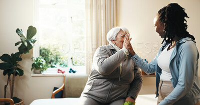 Buy stock photo Happy, physiotherapist and old woman in clinic with high five, healing or injury recovery progress. Healthcare worker, senior person and celebration for mobility goals, rehabilitation success or help