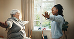 Happy, physiotherapist and old woman stretching in clinic for exercise, fitness and rehabilitation. Senior person, healthcare worker and guide with workout for mobility, wellness or physical therapy.