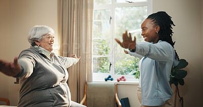 Buy stock photo Happy, physiotherapist and old woman stretching in clinic for exercise, fitness and rehabilitation. Senior person, healthcare worker and guide with workout for mobility, wellness or physical therapy.