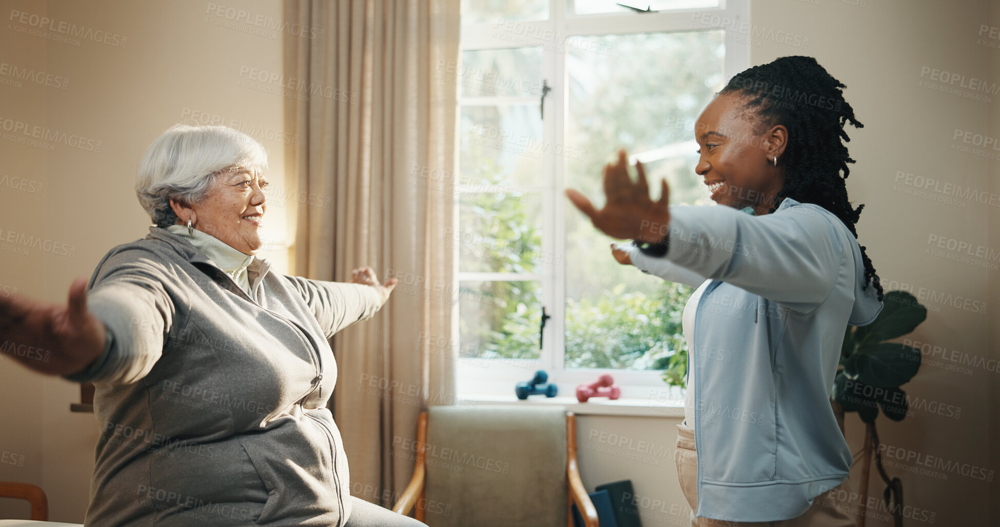 Buy stock photo Happy, physiotherapist and old woman stretching in clinic for exercise, fitness and rehabilitation. Senior person, healthcare worker and guide with workout for mobility, wellness or physical therapy.