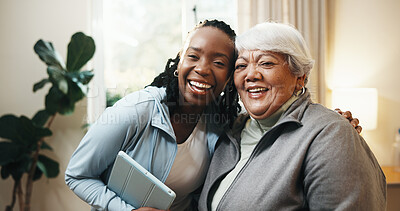 Buy stock photo Happy, hug and portrait of old woman with physiotherapist in home for bonding, insurance or support. Senior patient, smile and tablet with chiropractor in apartment for medical care or rehabilitation