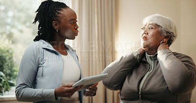 Buy stock photo Neck, old woman and physiotherapist with tablet in home for healing or rehabilitation of injury. App, pain and senior patent with chiropractor in apartment for advice, consulting or feedback