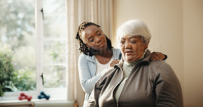 Buy stock photo Massage, neck pain and physiotherapist with old woman in home for healthcare, recovery or rehabilitation. Injury, medical support and senior patient with chiropractor in apartment for checkup