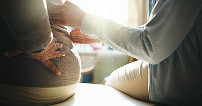 Buy stock photo Hands, massage and old person with back pain for physio, assessment or stiffness for recovery. Physiotherapist, senior patient or physiotherapy in office for checkup, muscle injury and rehabilitation