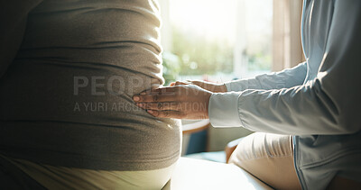 Buy stock photo Hands, massage and person with back pain for physio, assessment and stiffness for recovery. Physiotherapist, patient and physiotherapy in office for checkup, muscle injury and rehabilitation progress