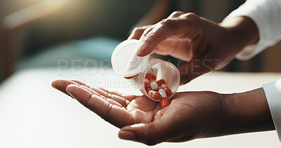 Buy stock photo Medical, healing and hand in house with pills, care plan and health treatment with medication. Healthcare, cure or woman with drugs, capsule option or recovery prescription in pharmaceutical solution