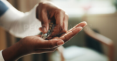 Buy stock photo Nurse, hands and pills in hospital for wellness, patient care and supplements for health improvement. Healthcare, worker or person in clinic with drugs, prescription or medicine for medical treatment