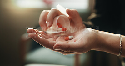 Buy stock photo Medical, healing or hands in clinic with pills, care plan or health treatment with medication. Healthcare, cure or woman with drugs, capsule option or recovery prescription in pharmaceutical solution