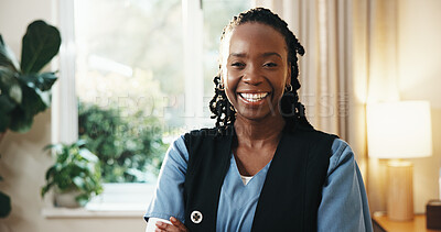 Buy stock photo Black woman, crossed arms and portrait of nurse in house with confidence for career in medical support. Professional, happy and healthcare worker with pride for about us at nursing job in home.