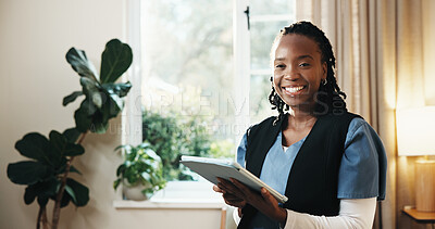 Buy stock photo Black woman, tablet and portrait of nurse in home with confidence for career in medical support. Digital technology, happy and healthcare worker with pride for about us at nursing job in house.