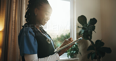 Buy stock photo Happy, doctor or black woman in office with tablet, research or website for healthcare management. Flare, person and worker scroll in clinic with tech, administration tasks or review medical records.