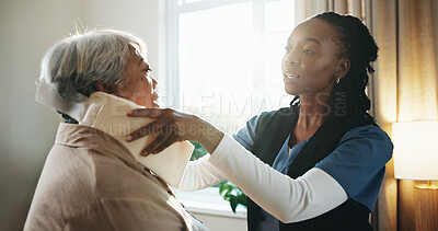 Buy stock photo Brace, neck pain and nurse with old woman in home for healthcare, recovery or rehabilitation. Checkup, injury and medical support with caregiver speaking to senior patient in apartment for healing