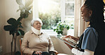 Brace, healthcare and tablet of nurse with old woman in home for recovery or rehabilitation. Checkup, medical app and neck pain with caregiver speaking to senior patient for healing of injury