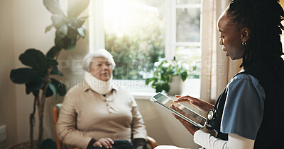 Buy stock photo Brace, healthcare and tablet of nurse with old woman in home for recovery or rehabilitation. Checkup, medical app and neck pain with caregiver speaking to senior patient for healing of injury