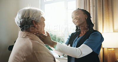 Buy stock photo Checkup, neck and nurse with old woman in home for healthcare appointment or thyroid exam. Consulting, medical support and throat with caregiver speaking to senior patient in apartment for healing