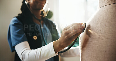 Buy stock photo Hand, nurse and stethoscope on back of woman in home for appointment, care or checkup. Breathing, healthcare and lungs of patient in apartment with medical professional for consulting or support