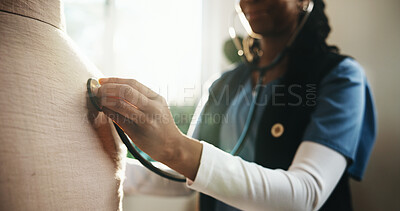 Buy stock photo Hand, nurse and stethoscope on back of patient in home for appointment, care or checkup. Healthcare, listening and lungs of woman in apartment with medical professional for consulting or support
