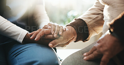Buy stock photo Trust, caregiver and holding hands with old woman in home for encouragement, connection or empathy. Kindness, hope or nurse with person for comfort, medical support or retirement wellness in homecare