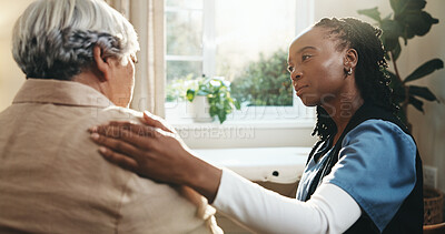 Buy stock photo Comfort, nurse and senior woman in home for encouragement, connection or hope with empathy. Shoulder touch, console and caregiver with person for support, medical trust and retirement wellness