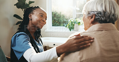 Buy stock photo Support, caregiver and senior woman in home for encouragement, connection or assisted living. Shoulder touch, smile and nurse with person for comfort, medical trust or retirement wellness in homecare