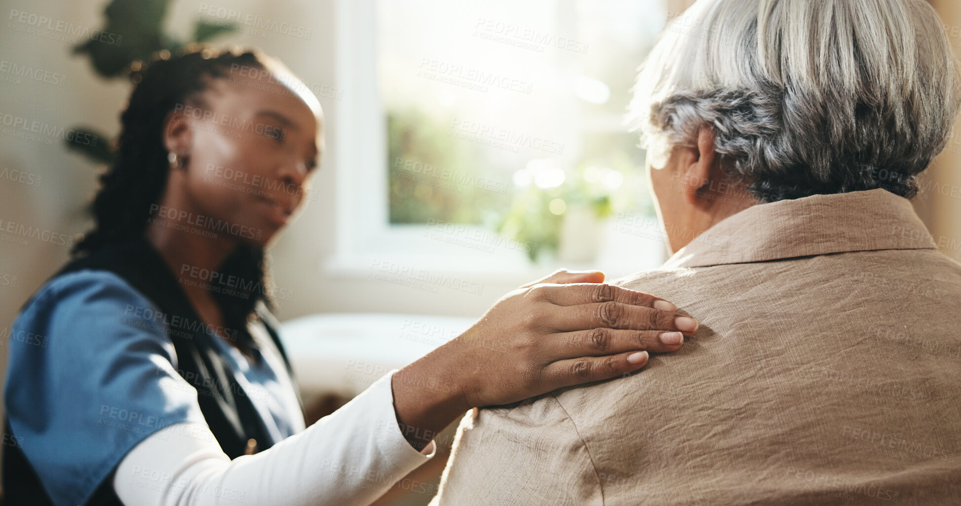 Buy stock photo Support, old woman or hand on shoulder with nurse in home for encouragement, connection or hope. Touch, console or caregiver with person for comfort, medical trust or retirement wellness with empathy