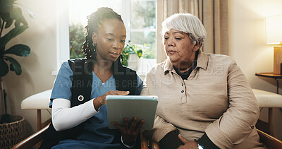 Buy stock photo Healthcare, home and nurse talking to old woman for insurance, results or wellness update. App, explain and senior patient with caregiver in apartment for feedback, progress report or review