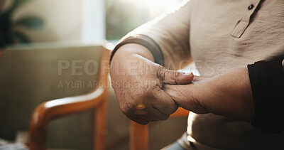 Buy stock photo Medical, hands or senior person in clinic with arthritis, joint pain or chronic symptoms in consultation. Healthcare, tendinitis or elderly woman with flare, discomfort or muscle strain in retirement