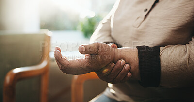 Buy stock photo Arthritis, hands and old woman in doctor office with injury, carpal tunnel symptoms and discomfort. Senior person, joint pain or inflammation in clinic for sprain, healthcare or medical consultation.
