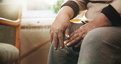 Buy stock photo Senior, woman and hands in clinic with knee pain, fibromyalgia symptoms and ache from nerve injury. Hurt, old person and joint inflammation in doctor office with sprain, osteoporosis and healthcare.