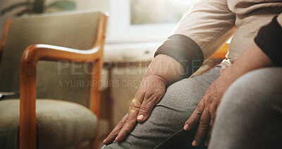 Buy stock photo Injury, hands and old woman in clinic with knee pain, fibromyalgia symptoms and muscle discomfort. Hurt, senior person and joint inflammation in doctor office with sprain, osteoporosis or healthcare.