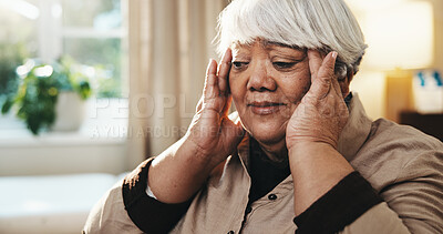 Buy stock photo Stress, headache and old woman in home with fatigue, contemplation and high blood pressure symptoms. Tired, senior person and thinking in house with pain, health condition and hypertension migraine.