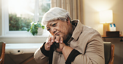 Buy stock photo Alone, sad and walking stick of old woman with depression for grief, loss or pain as widow. Cane, retirement and thinking with senior person in apartment for contemplation's nostalgia or reflection