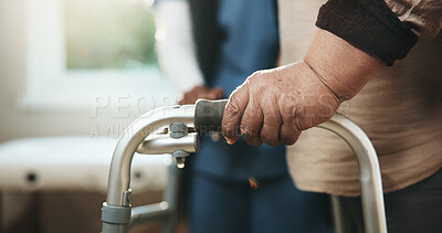 Buy stock photo Physio, hands and old person in clinic with walker, medical support and exercise for rehabilitation. Physical therapist, help and senior citizen with mobility aid, healthcare and healing from stroke.