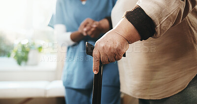 Buy stock photo Elderly, woman and physio hands with cane, support and assistance for rehabilitation in medical clinic. Healthcare worker, help and senior person with disability, walking stick and physical therapy.