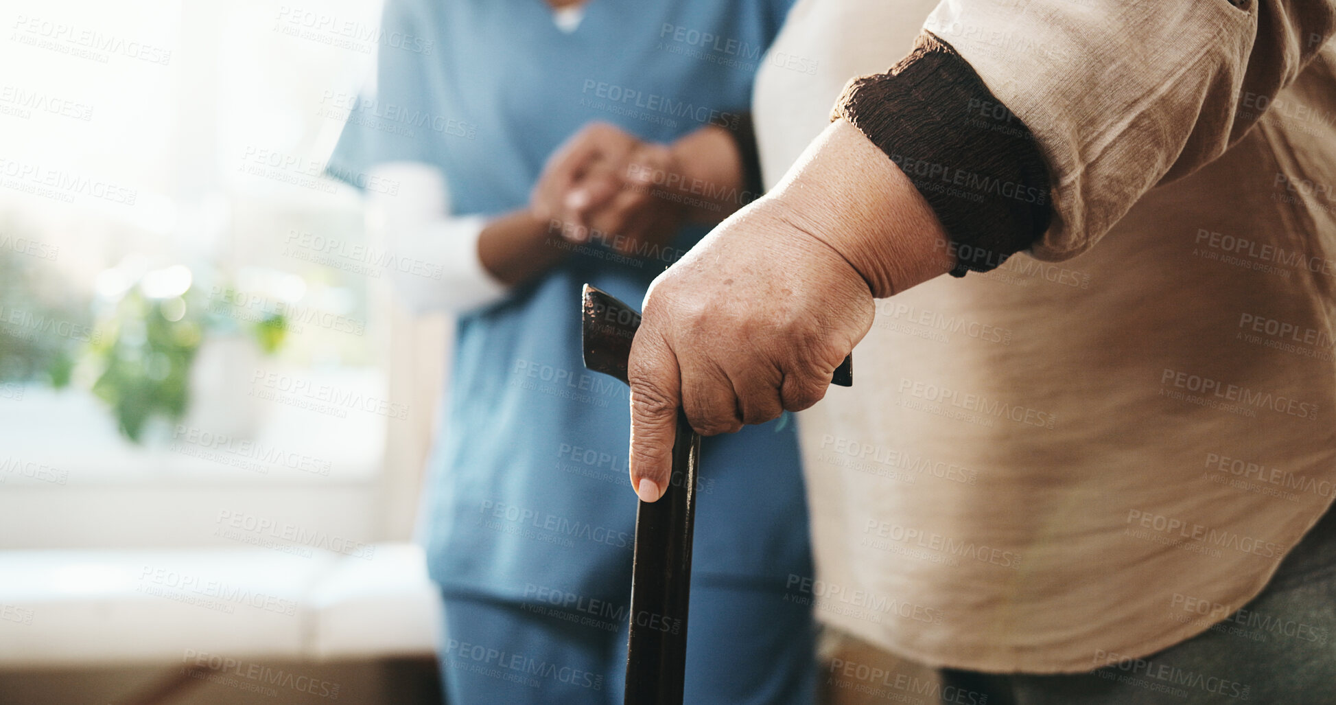 Buy stock photo Elderly, woman and physio hands with cane, support and assistance for rehabilitation in medical clinic. Healthcare worker, help and senior person with disability, walking stick and physical therapy.