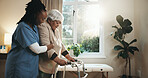Physio, support and senior woman with walker for exercise, stroke rehabilitation or help in clinic. Healthcare worker, assistance and elderly person with mobility aid, wellness or healing from injury