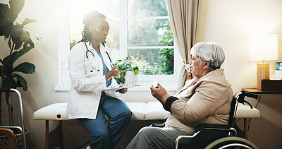 Buy stock photo Doctor, pills and old woman in clinic with wheelchair, medical advice and chronic drugs for health. Healthcare worker, talk and senior person with disability, prescription medicine and instructions.
