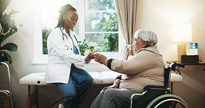 Buy stock photo Doctor, pills and old woman in office with wheelchair, medical advice and chronic drugs for health. Healthcare worker, talk and senior person with disability, prescription medicine and instructions.