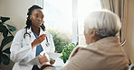 Doctor, pills and old woman in clinic with instructions, medical advice or chronic drugs for health. Healthcare worker, talk and senior person in office with medicine, prescription or recommendation.