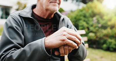 Buy stock photo Hands, cane and thinking in backyard with senior person in retirement, balance aid and reflection. Pensioner, memory or nostalgia for past perspective, walking stick and mobility outdoor at house