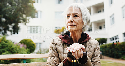 Buy stock photo Senior, woman thinking and retirement outdoor with cane, balance aid and space for reflection. Pensioner, memory or nostalgia for past perspective, relax in nature or walking stick for mobility