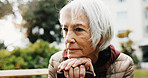 Old woman, thinking and retirement outdoor with cane, balance aid and space for reflection. Pensioner, memory or nostalgia for past perspective, relax in nature or walking stick for mobility