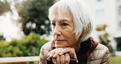 Buy stock photo Old woman, thinking and retirement outdoor with cane, balance aid and space for reflection. Pensioner, memory or nostalgia for past perspective, relax in nature or walking stick for mobility