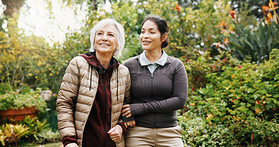 Buy stock photo Help, caregiver and walk with old woman at park for support, smile and thinking of recovery. Retirement, care and person with carer in nature for rehabilitation assistance, happiness and wellness
