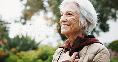 Buy stock photo Thinking, old woman and travel in nature with smile, vision and daydreaming for holiday trip. Bokeh, senior person and reflection at park with happiness, nostalgia memory and retirement for vacation